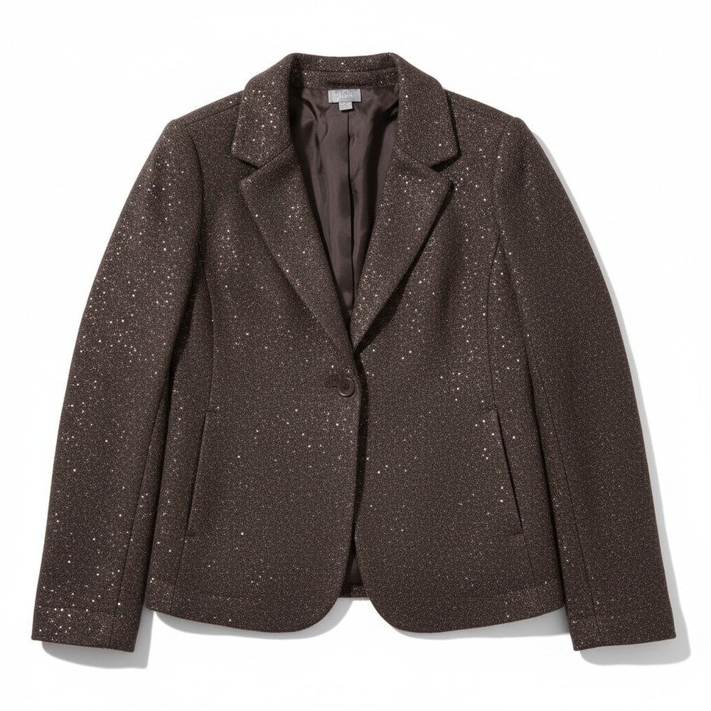 J. Jill Sequin Wool Blend Blazer Brown Knit Shimmer Sophisticated Glam